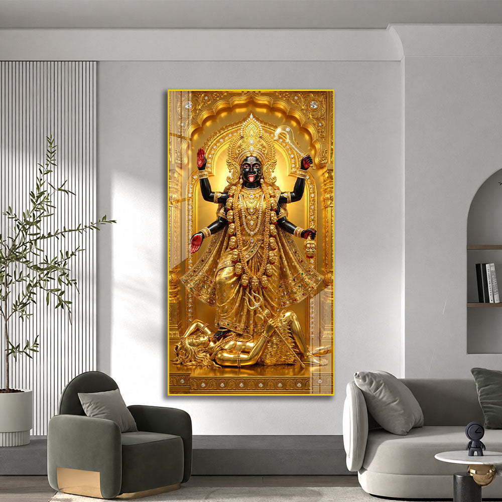 Golden Goddess Maa Kali Standing on Lord Shiva Acrylic Wall Painting for Home Decor