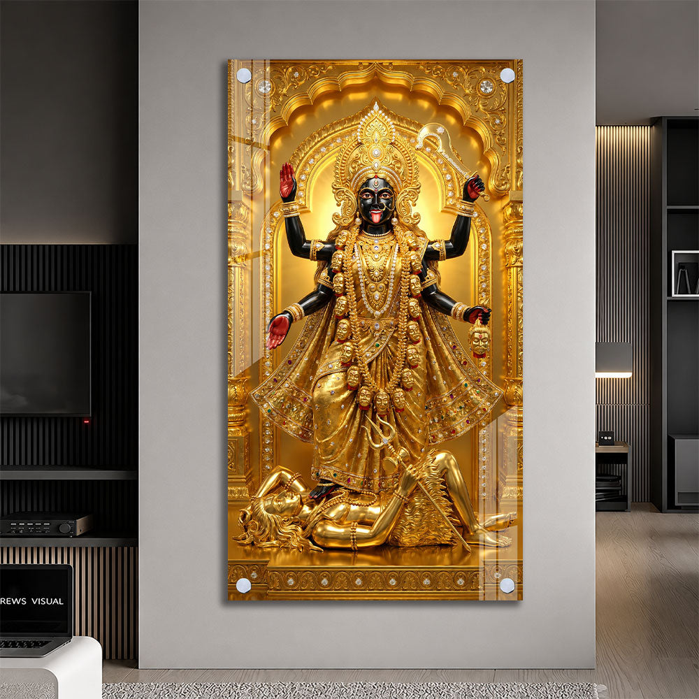 Golden Goddess Maa Kali Standing on Lord Shiva Acrylic Wall Painting for Home Decor