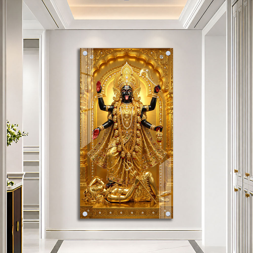 Golden Goddess Maa Kali Standing on Lord Shiva Acrylic Wall Painting for Home Decor
