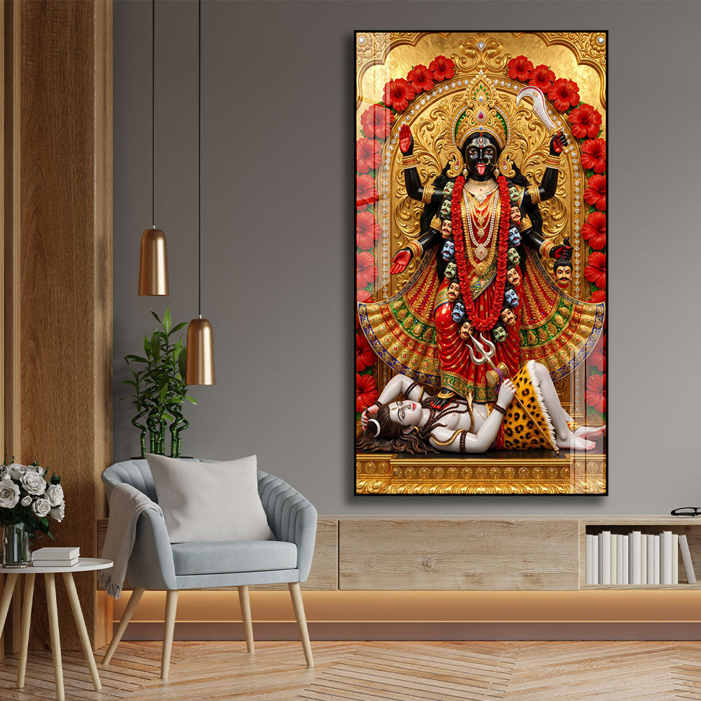 Divine Mahakali Standing on Shiva Acrylic Painting for Meditation Room Decor