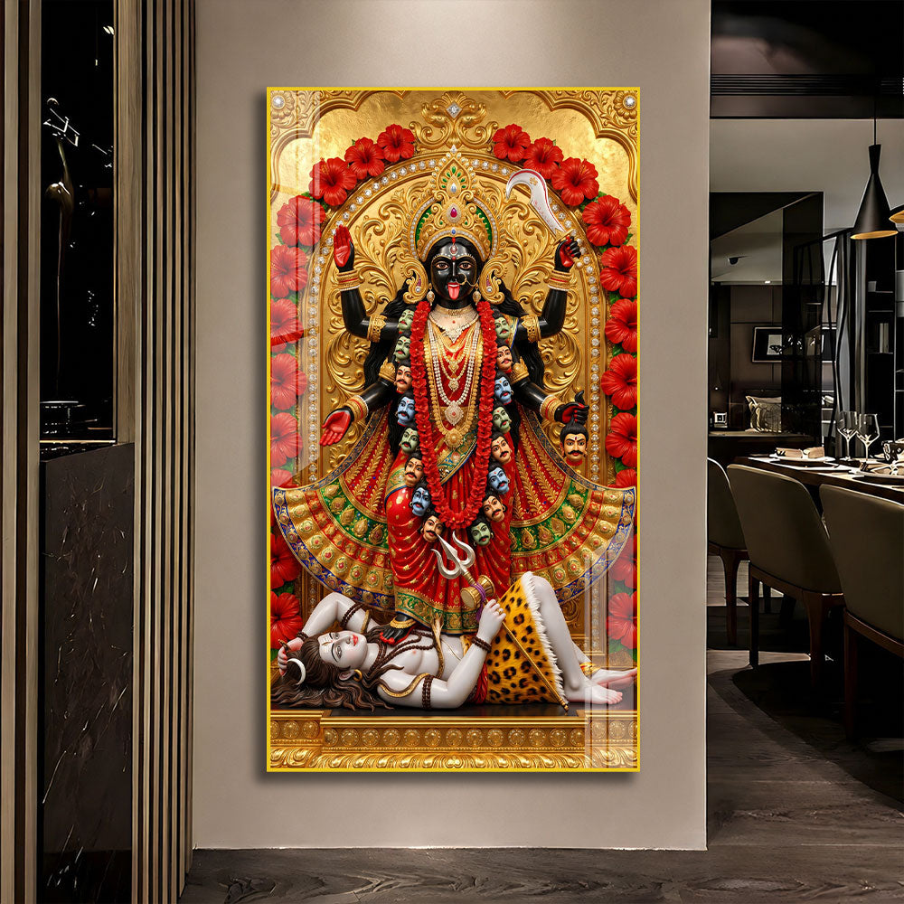 Divine Mahakali Standing on Shiva Acrylic Painting for Meditation Room Decor