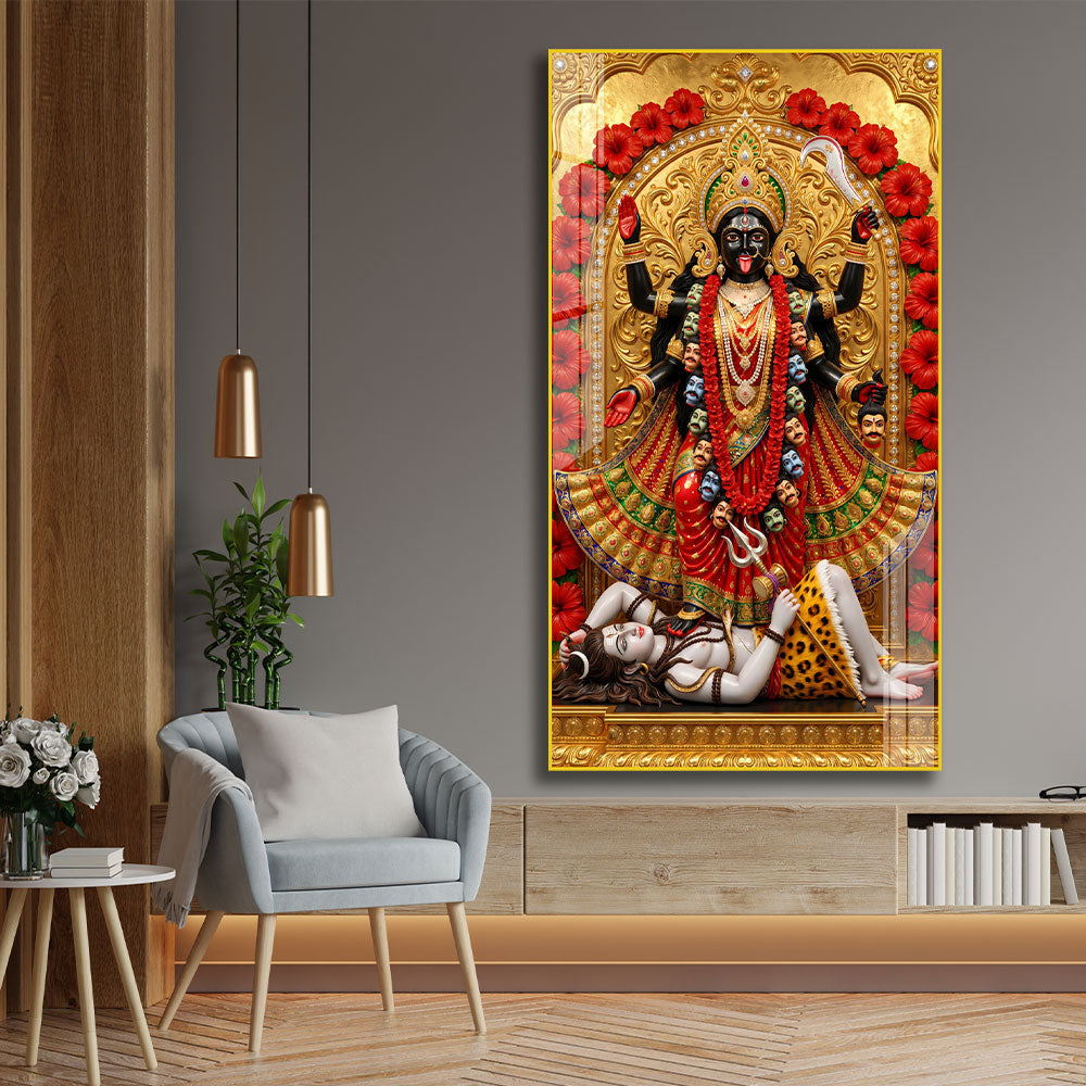 Divine Mahakali Standing on Shiva Acrylic Painting for Meditation Room Decor