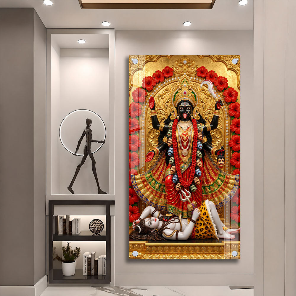 Divine Mahakali Standing on Shiva Acrylic Painting for Meditation Room Decor