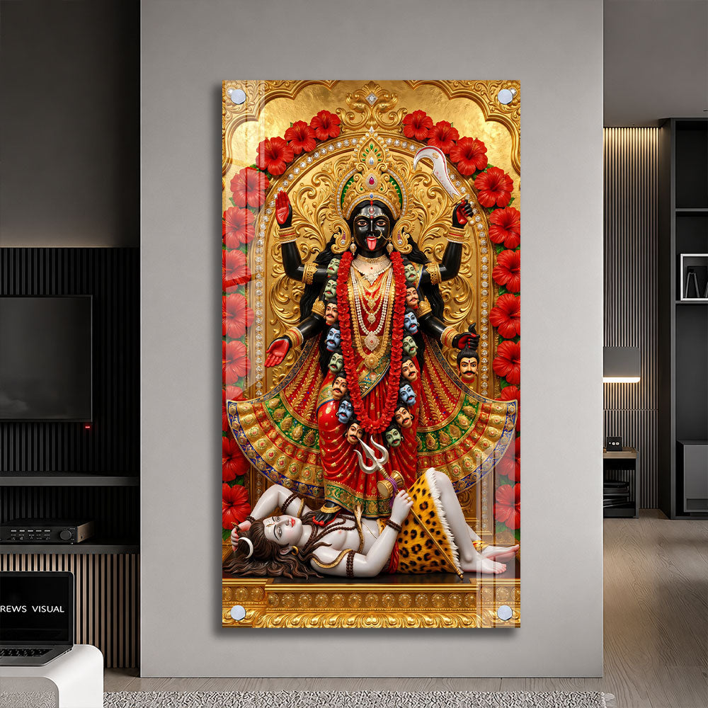 Divine Mahakali Standing on Shiva Acrylic Painting for Meditation Room Decor