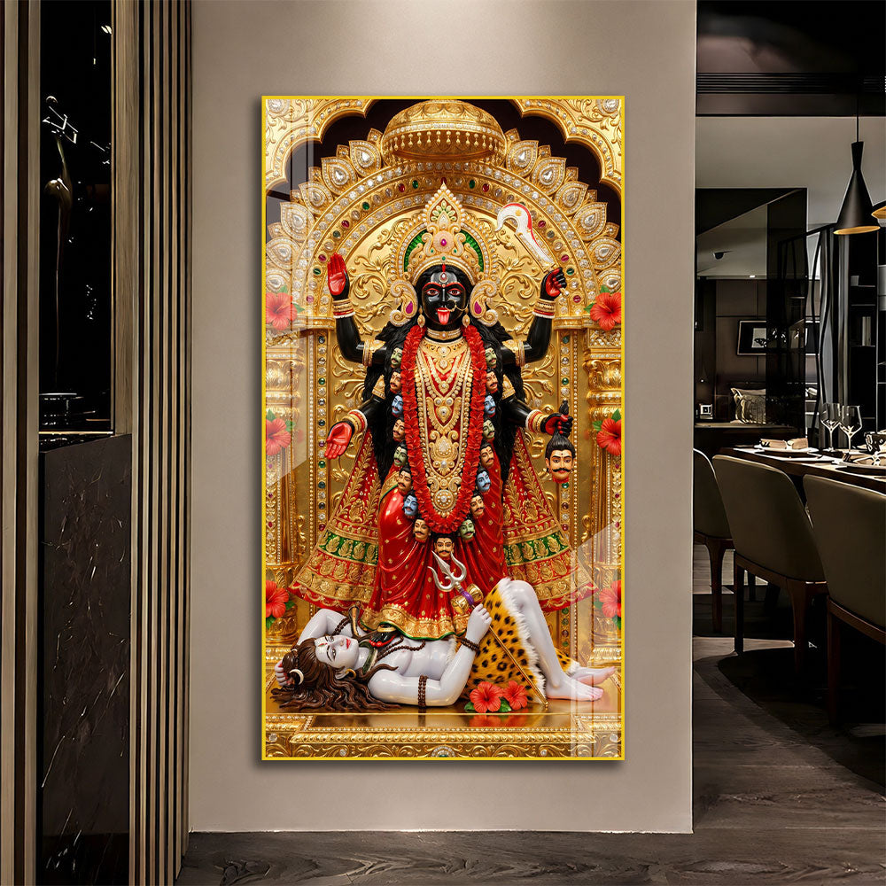 Goddess Maa Kali with Golden Crown Acrylic Wall Art for Home Temple Decoration