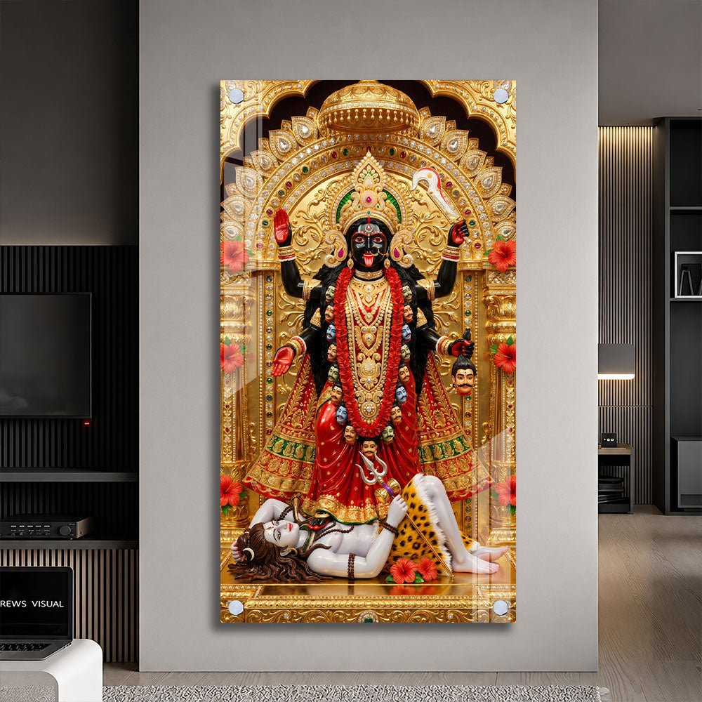 Goddess Maa Kali with Golden Crown Acrylic Wall Art for Home Temple Decoration