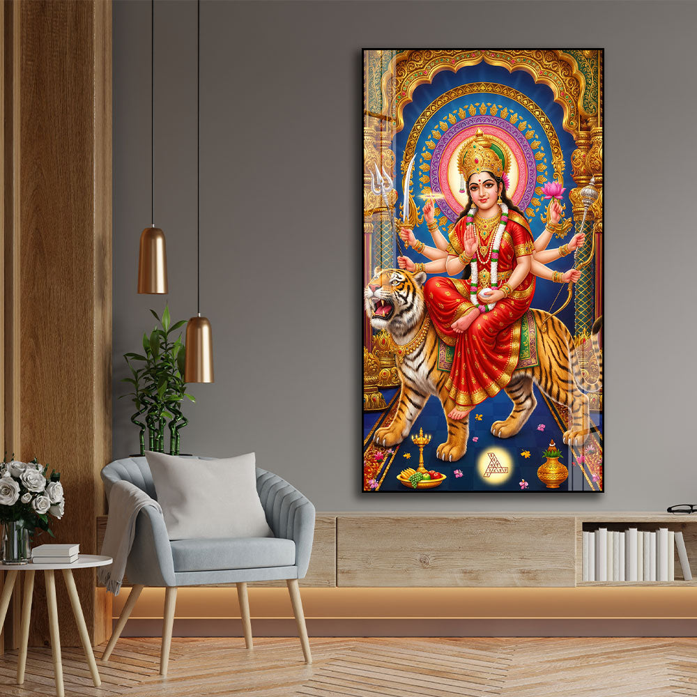 Powerful Durga Mata with Trishul Premium Acrylic Wall Painting for Spiritual Decor