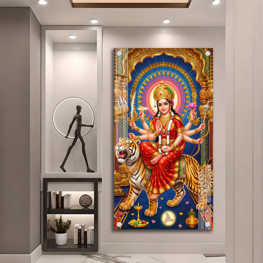 Powerful Durga Mata with Trishul Premium Acrylic Wall Painting for Spiritual Decor