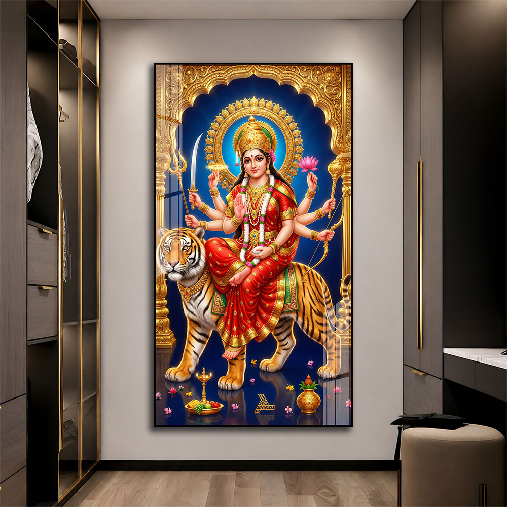 Goddess Durga with Sacred Weapons Premium Acrylic Wall Art for Home Temple
