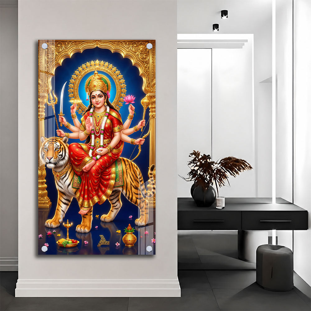 Goddess Durga with Sacred Weapons Premium Acrylic Wall Art for Home Temple