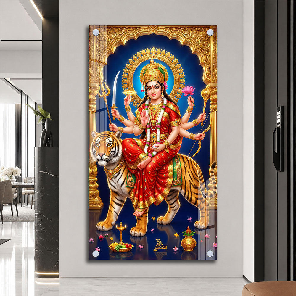 Goddess Durga with Sacred Weapons Premium Acrylic Wall Art for Home Temple