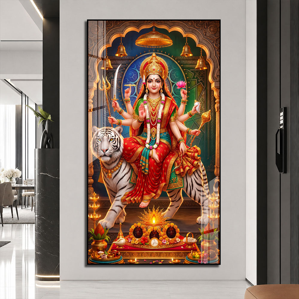 Maa Durga Riding White Tiger Acrylic Wall Painting for Living Room Home Decor