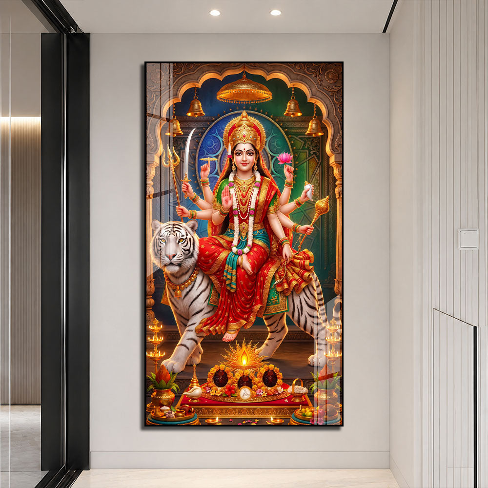 Maa Durga Riding White Tiger Acrylic Wall Painting for Living Room Home Decor