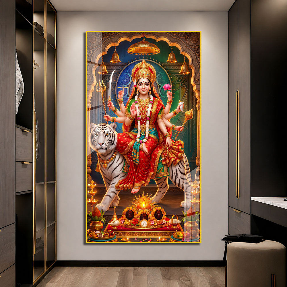 Maa Durga Riding White Tiger Acrylic Wall Painting for Living Room Home Decor
