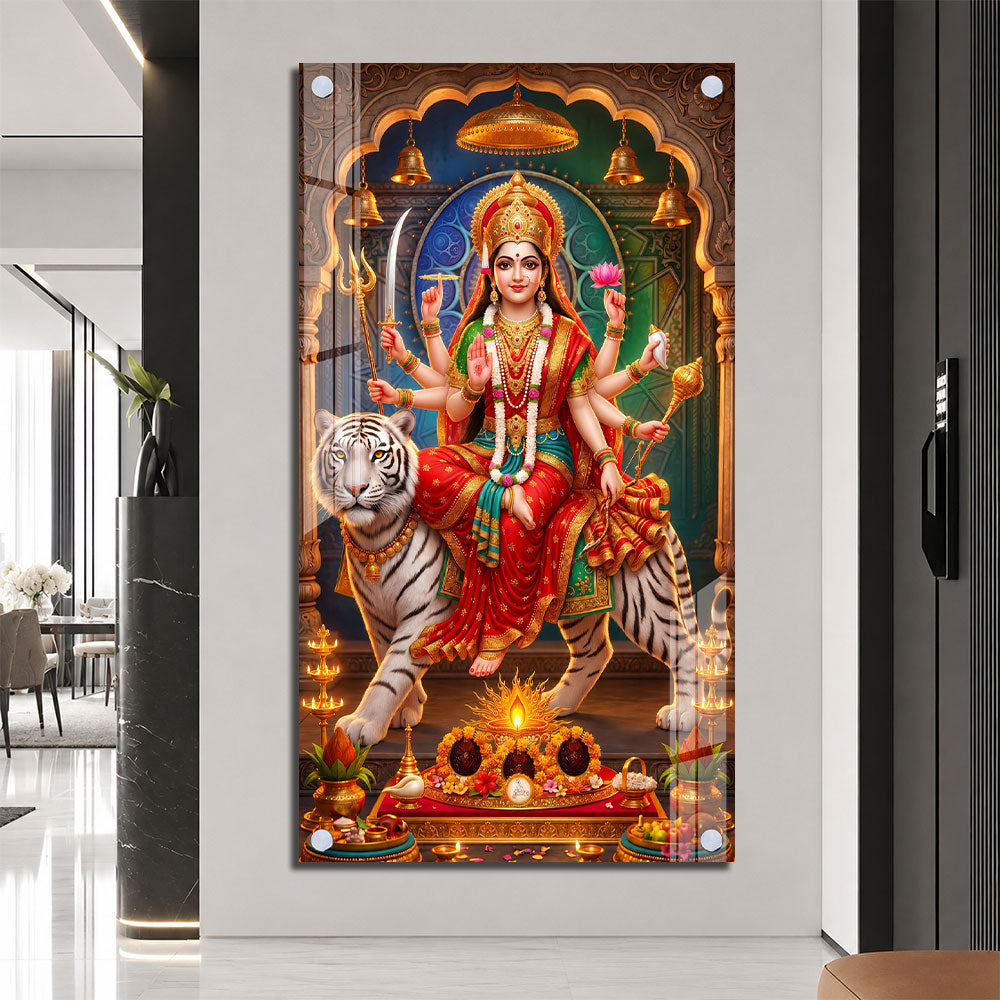 Maa Durga Riding White Tiger Acrylic Wall Painting for Living Room Home Decor