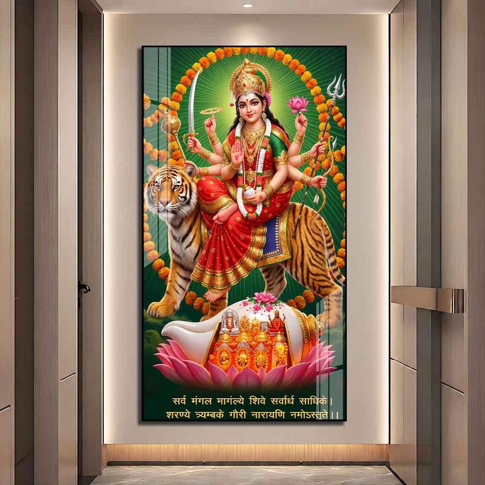 Goddess Durga Riding Tiger with Sacred Shankh Acrylic Wall Art for Home Temple
