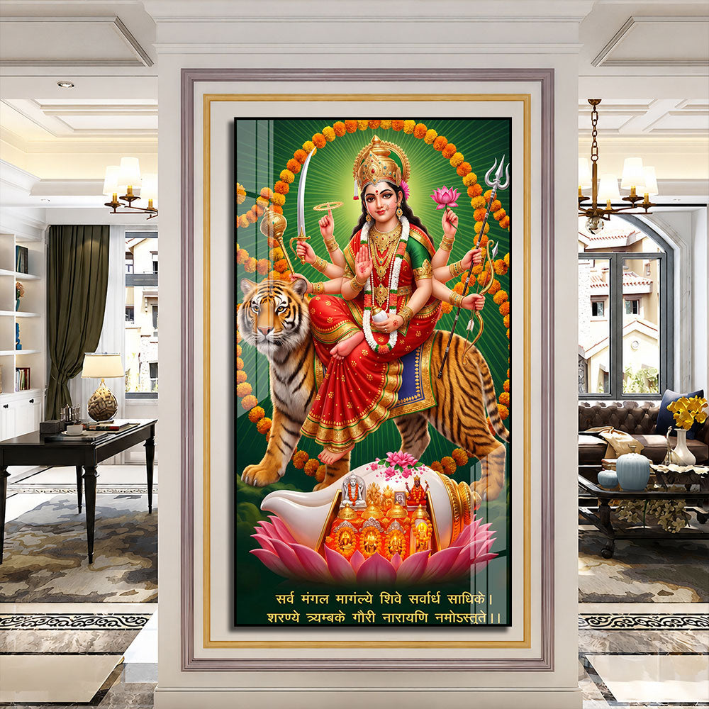 Goddess Durga Riding Tiger with Sacred Shankh Acrylic Wall Art for Home Temple