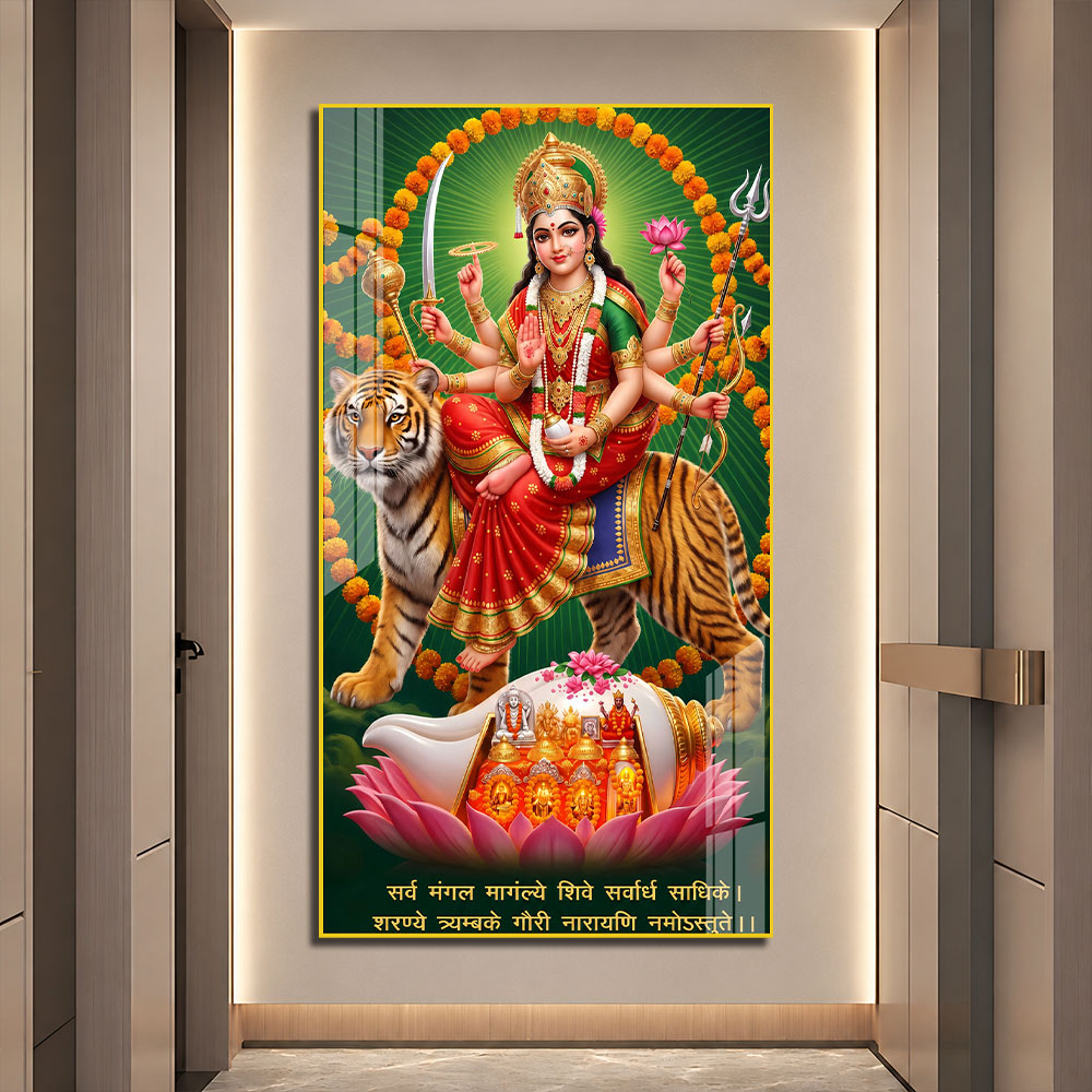 Goddess Durga Riding Tiger with Sacred Shankh Acrylic Wall Art for Home Temple