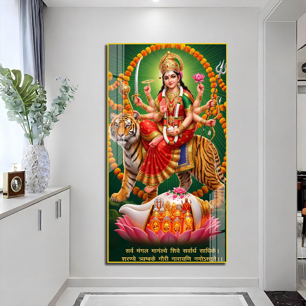 Goddess Durga Riding Tiger with Sacred Shankh Acrylic Wall Art for Home Temple