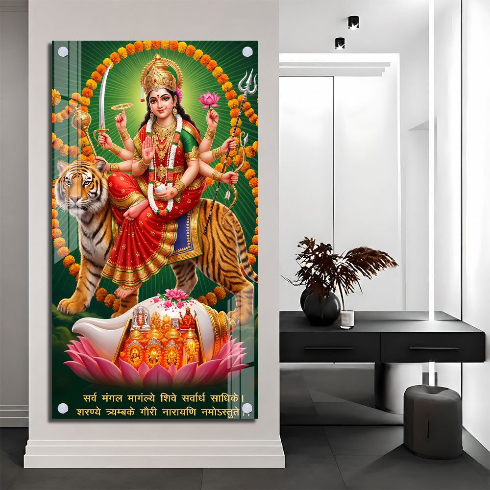 Goddess Durga Riding Tiger with Sacred Shankh Acrylic Wall Art for Home Temple