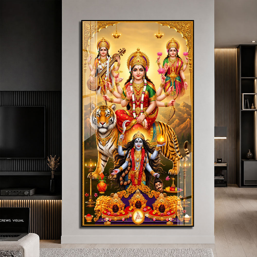 Maa Durga with Goddess Lakshmi and Saraswati Acrylic Wall Art for Home Decor