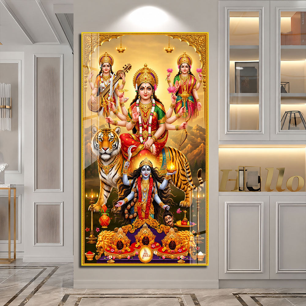 Maa Durga with Goddess Lakshmi and Saraswati Acrylic Wall Art for Home Decor