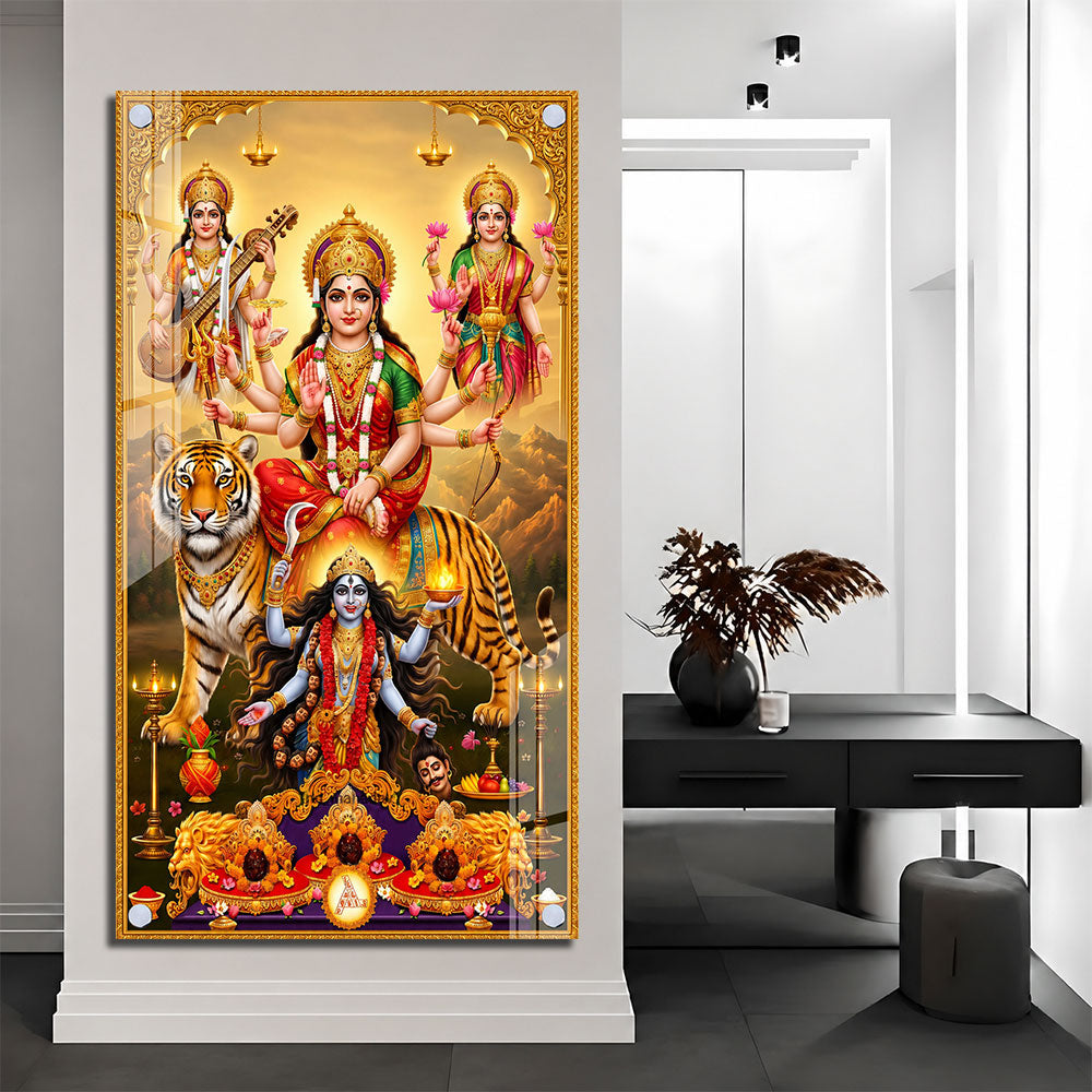 Maa Durga with Goddess Lakshmi and Saraswati Acrylic Wall Art for Home Decor