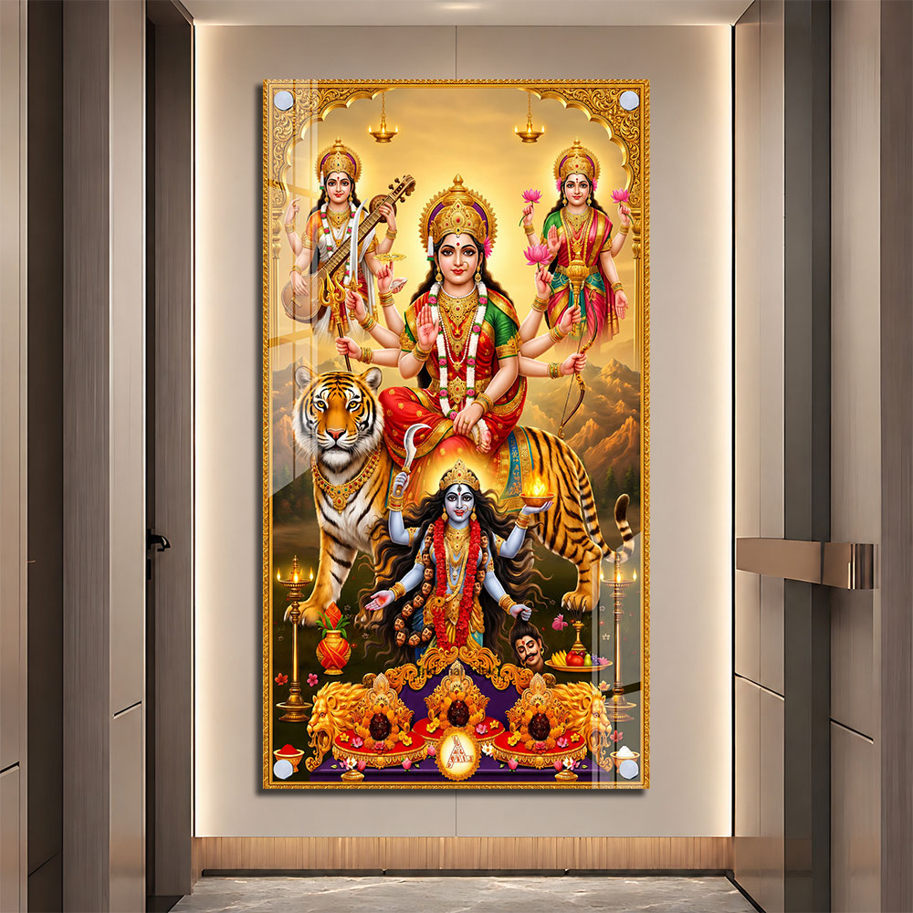 Maa Durga with Goddess Lakshmi and Saraswati Acrylic Wall Art for Home Decor