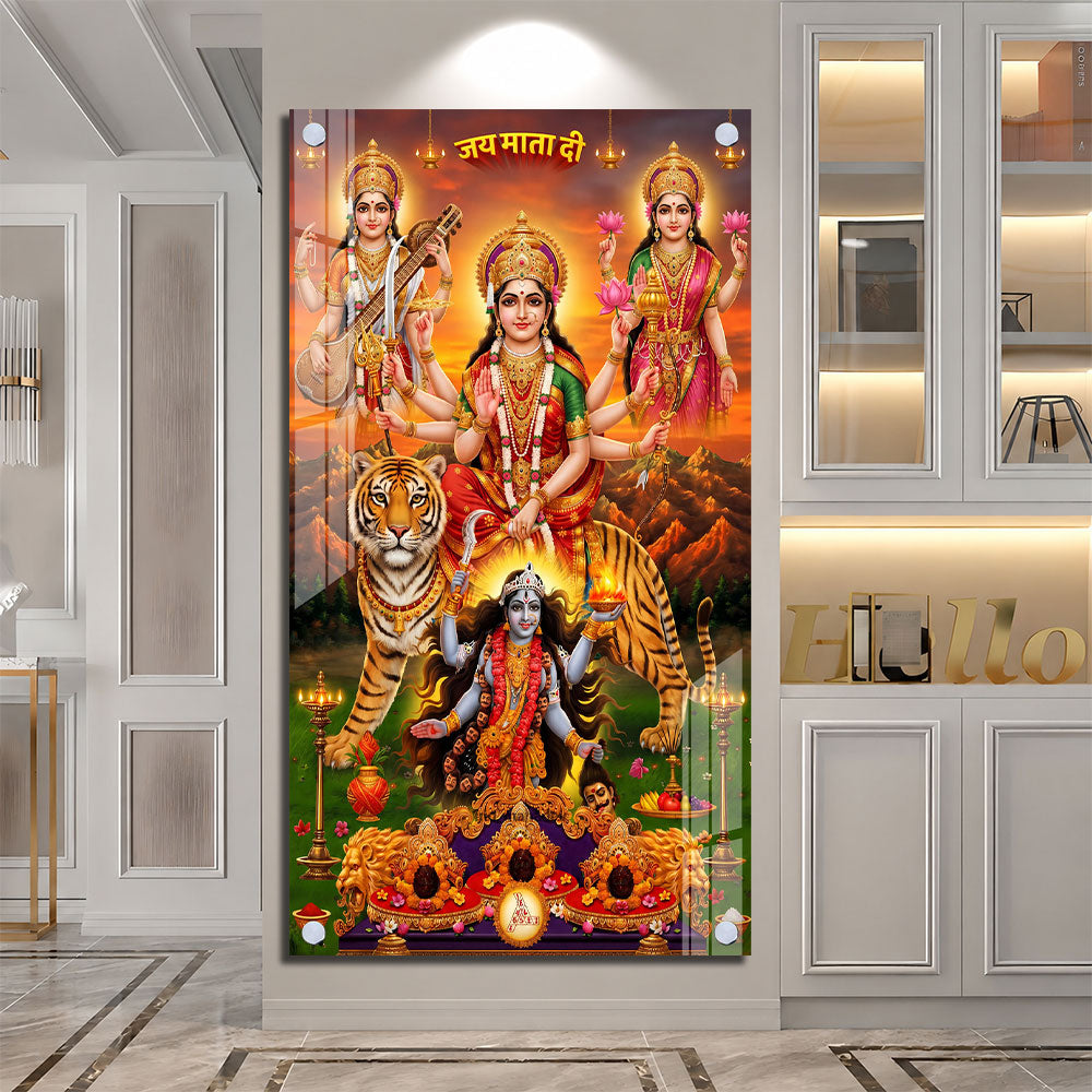 Goddess Durga Lakshmi Saraswati Mahakali Premium Acrylic Painting for Pooja Room