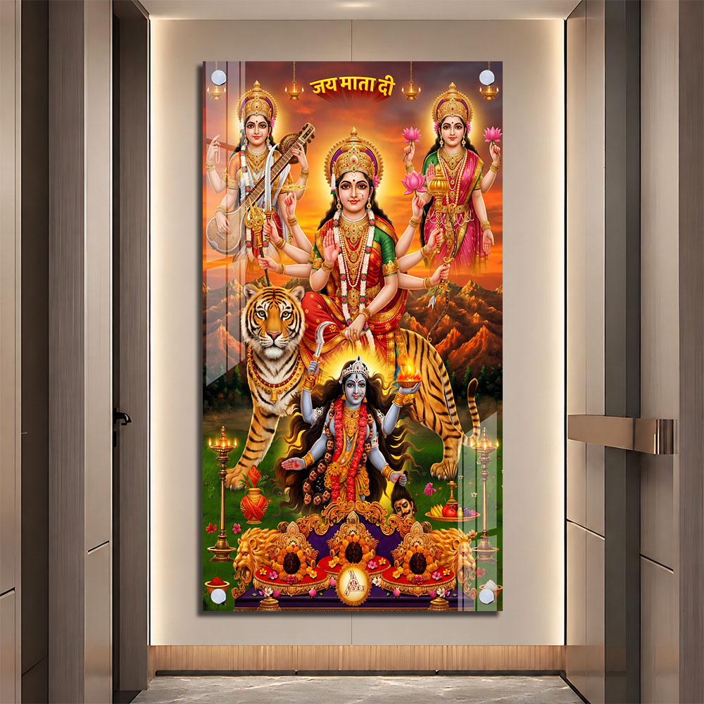 Goddess Durga Lakshmi Saraswati Mahakali Premium Acrylic Painting for Pooja Room