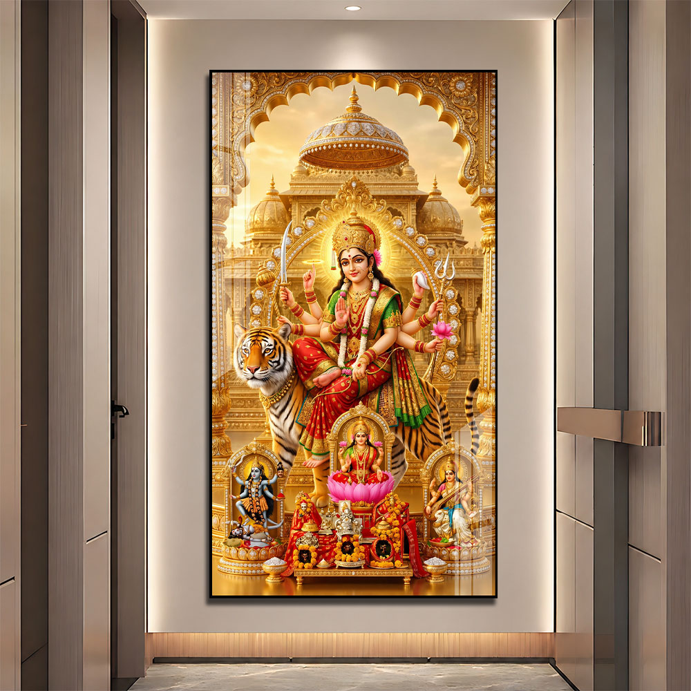 Maa Durga Riding Tiger with Divine Goddesses Acrylic Wall Painting for Home Decor