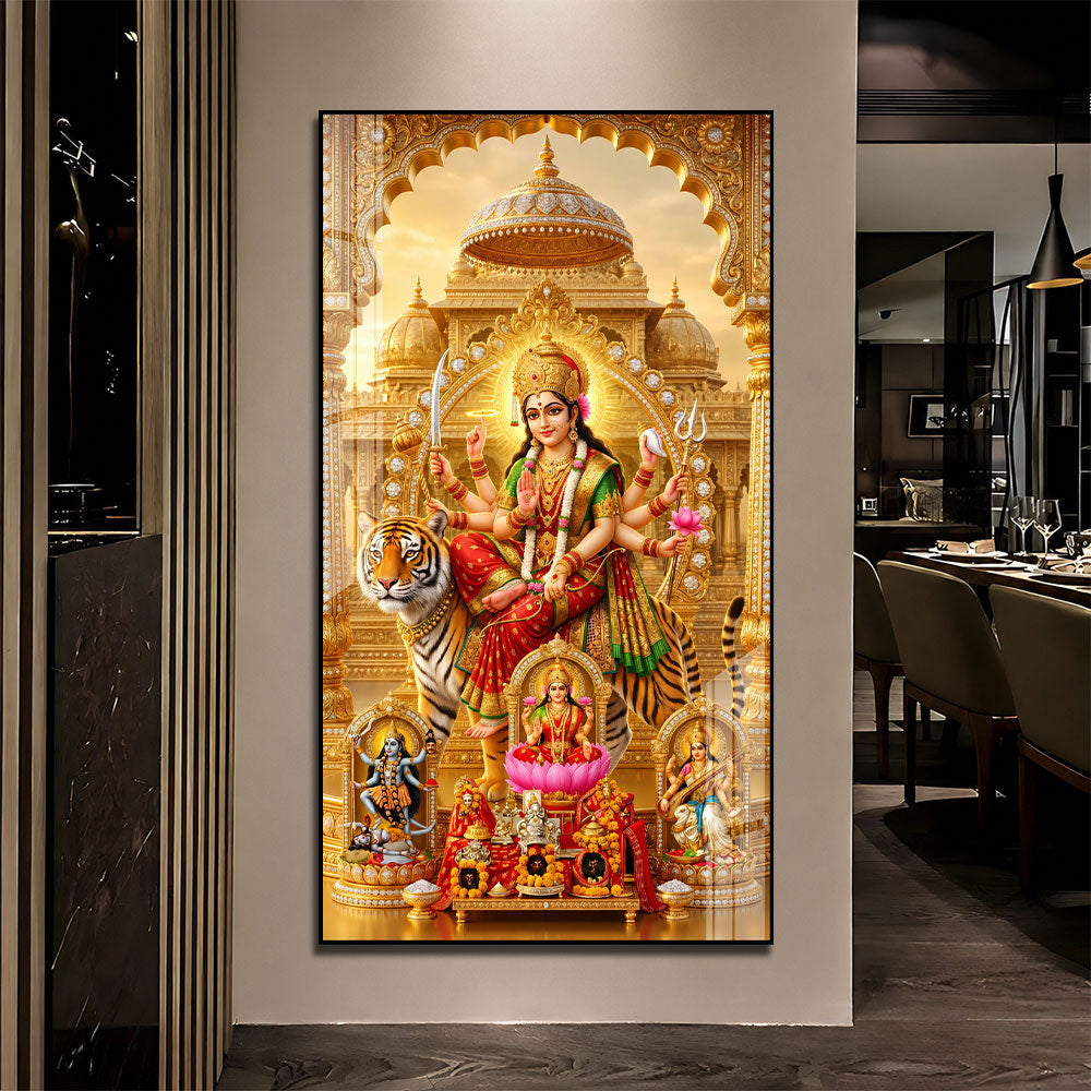 Maa Durga Riding Tiger with Divine Goddesses Acrylic Wall Painting for Home Decor