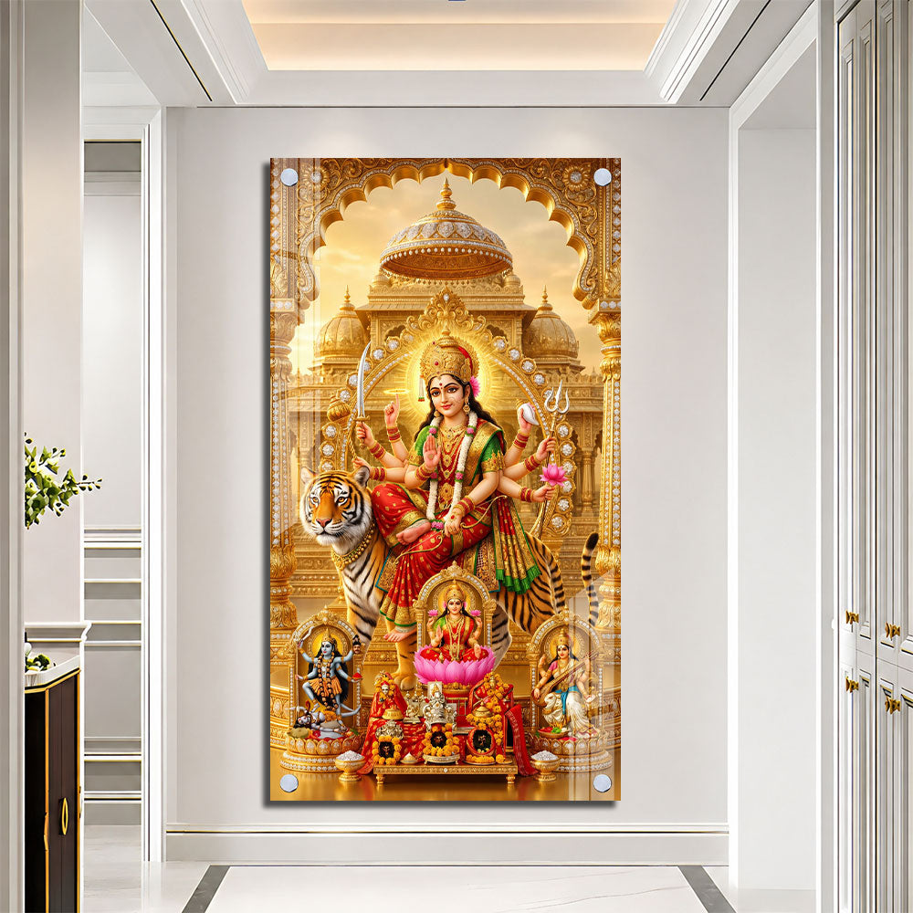Maa Durga Riding Tiger with Divine Goddesses Acrylic Wall Painting for Home Decor