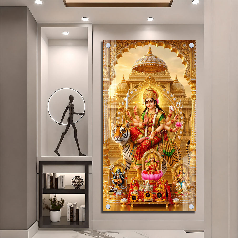 Maa Durga Riding Tiger with Divine Goddesses Acrylic Wall Painting for Home Decor