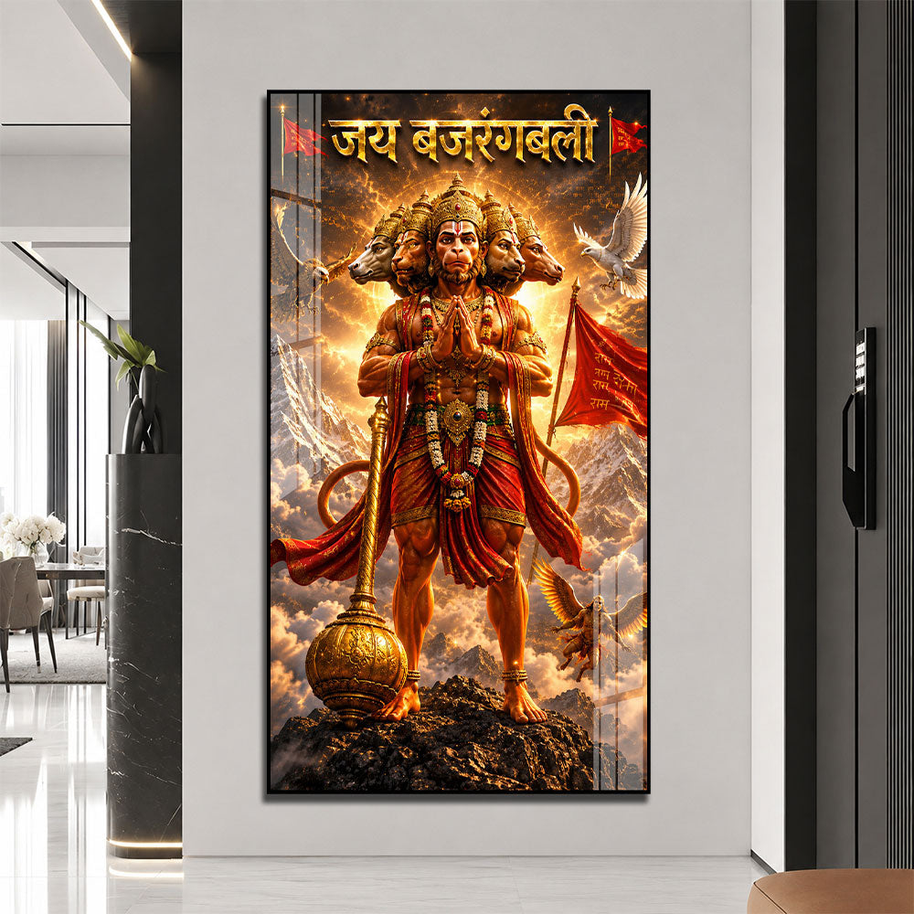 Powerful Panchmukhi Hanuman Standing on Mountain Acrylic Painting for Pooja Room