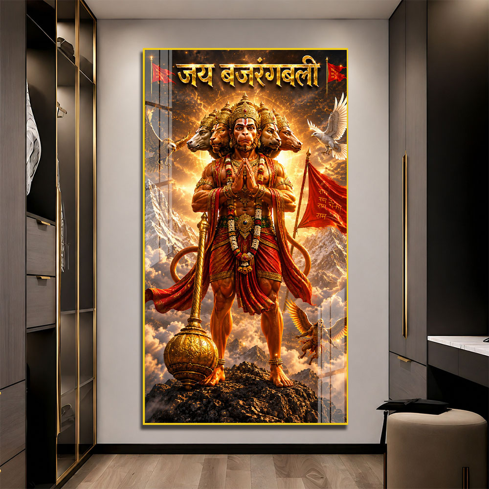Powerful Panchmukhi Hanuman Standing on Mountain Acrylic Painting for Pooja Room