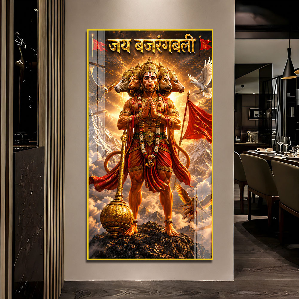 Powerful Panchmukhi Hanuman Standing on Mountain Acrylic Painting for Pooja Room