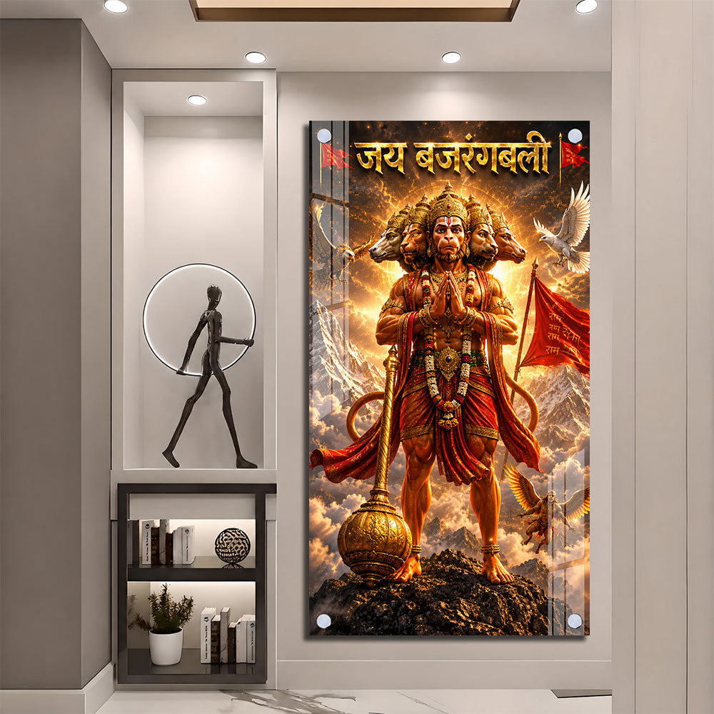 Powerful Panchmukhi Hanuman Standing on Mountain Acrylic Painting for Pooja Room