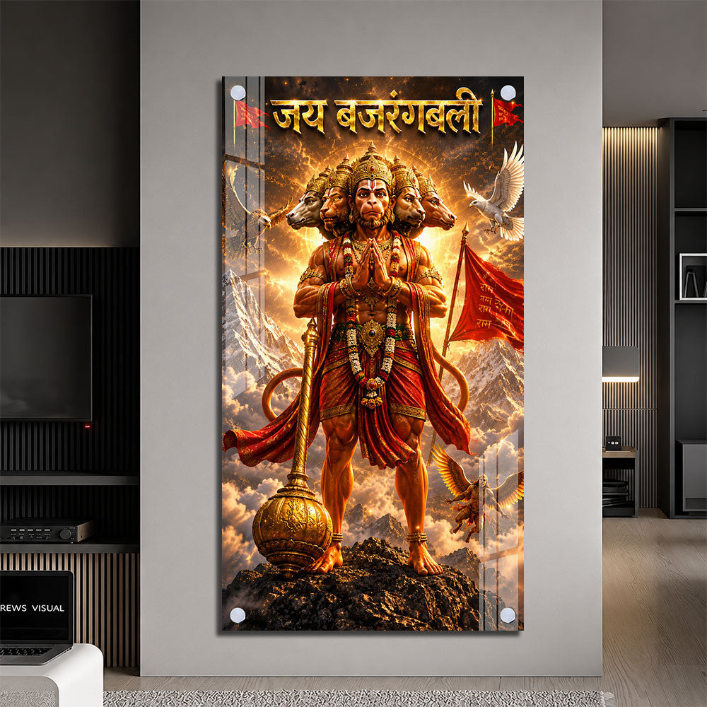 Powerful Panchmukhi Hanuman Standing on Mountain Acrylic Painting for Pooja Room