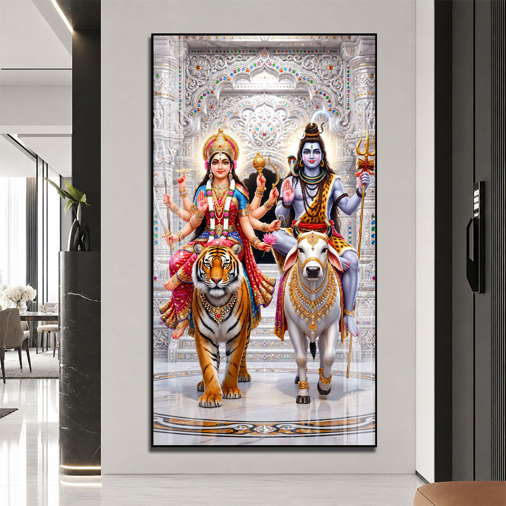 Shiv Parvati Riding Nandi and Tiger Premium Acrylic Wall Painting for Living Room