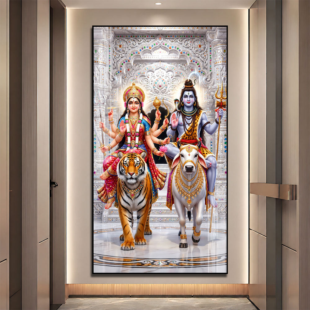 Shiv Parvati Riding Nandi and Tiger Premium Acrylic Wall Painting for Living Room