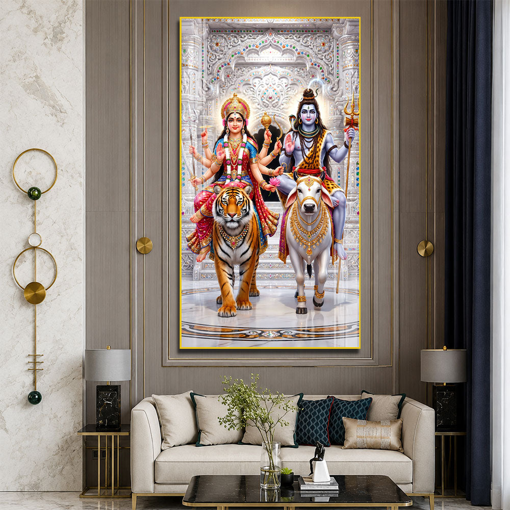 Shiv Parvati Riding Nandi and Tiger Premium Acrylic Wall Painting for Living Room