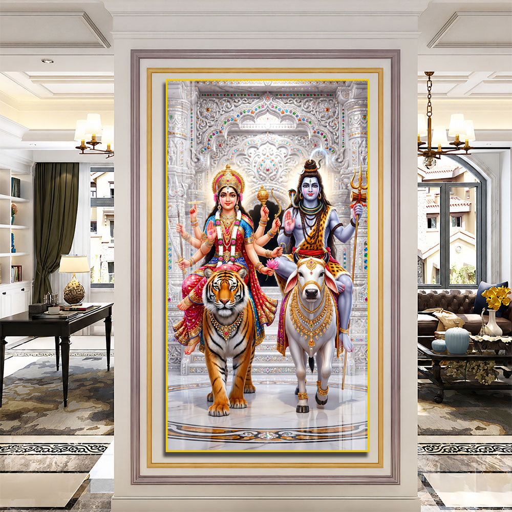 Shiv Parvati Riding Nandi and Tiger Premium Acrylic Wall Painting for Living Room