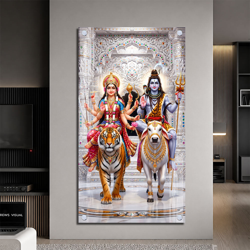 Shiv Parvati Riding Nandi and Tiger Premium Acrylic Wall Painting for Living Room