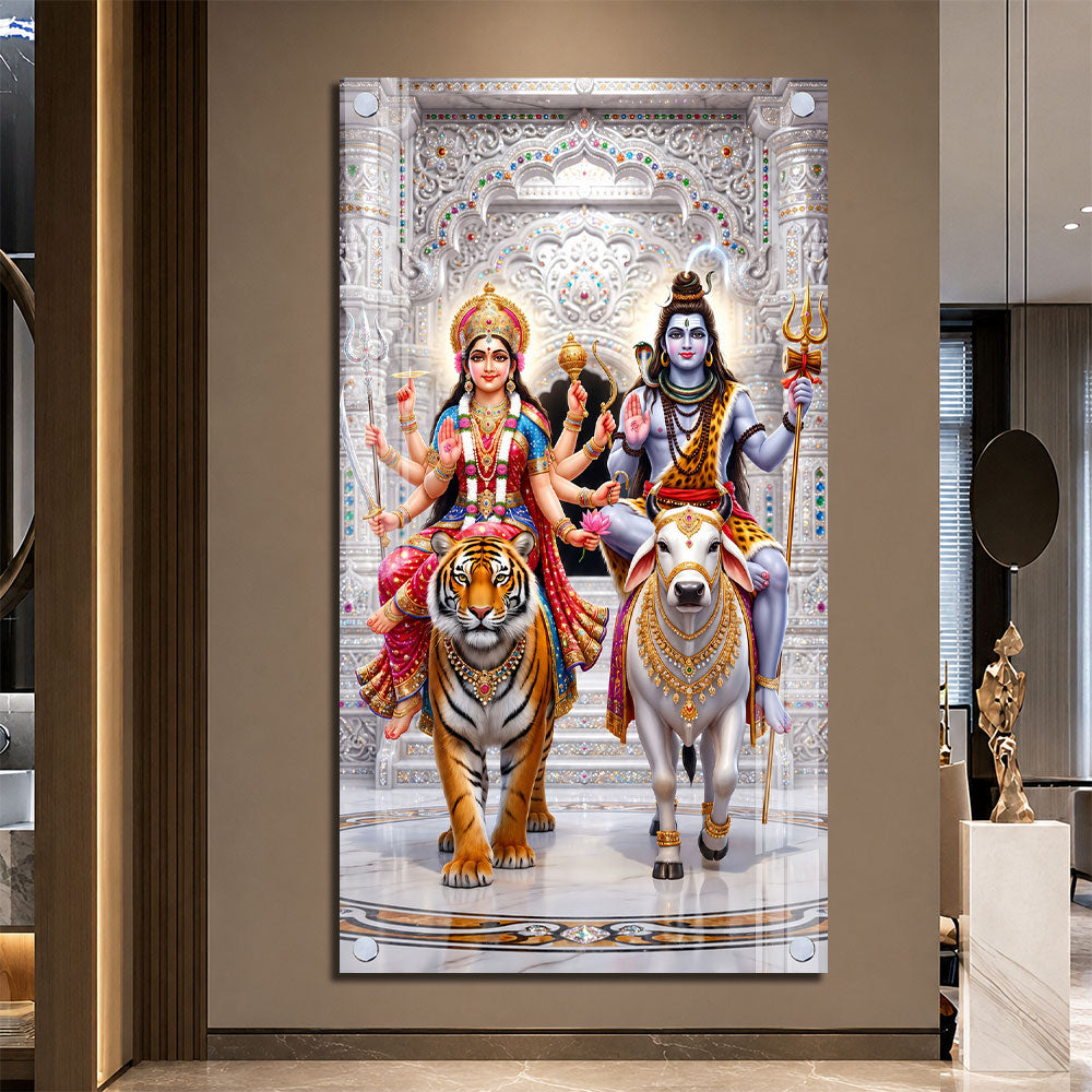 Shiv Parvati Riding Nandi and Tiger Premium Acrylic Wall Painting for Living Room