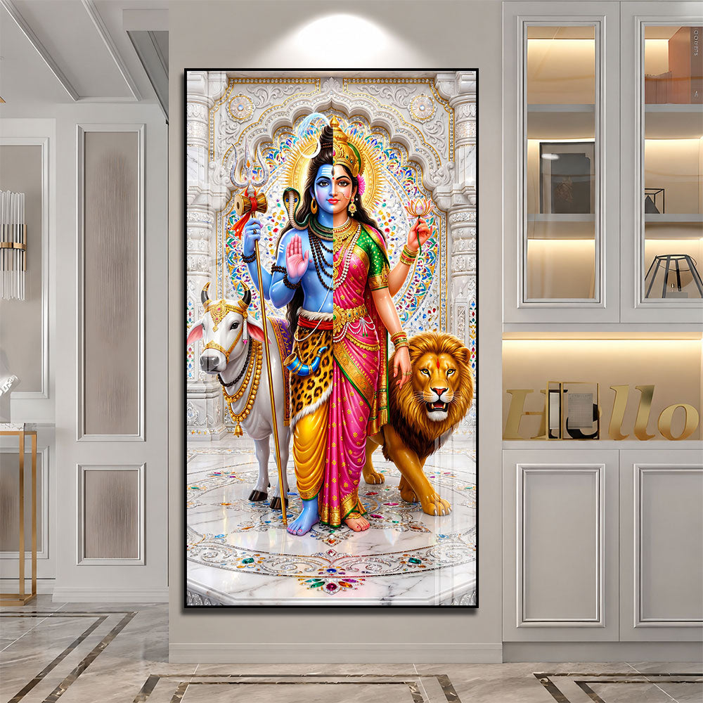 Divine Shiv Shakti with Nandi and Lion Premium Acrylic Wall Art for Home Temple
