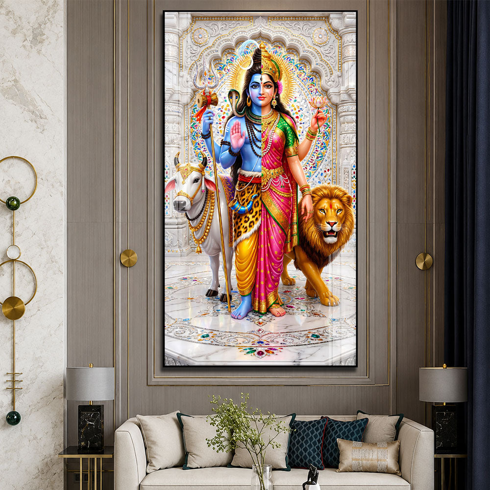 Divine Shiv Shakti with Nandi and Lion Premium Acrylic Wall Art for Home Temple