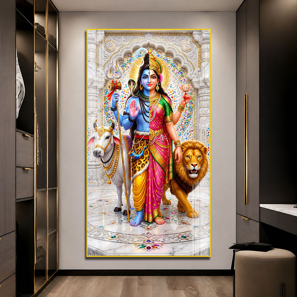 Divine Shiv Shakti with Nandi and Lion Premium Acrylic Wall Art for Home Temple