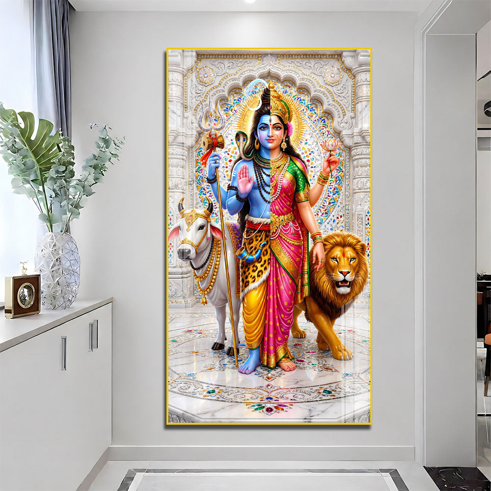 Divine Shiv Shakti with Nandi and Lion Premium Acrylic Wall Art for Home Temple