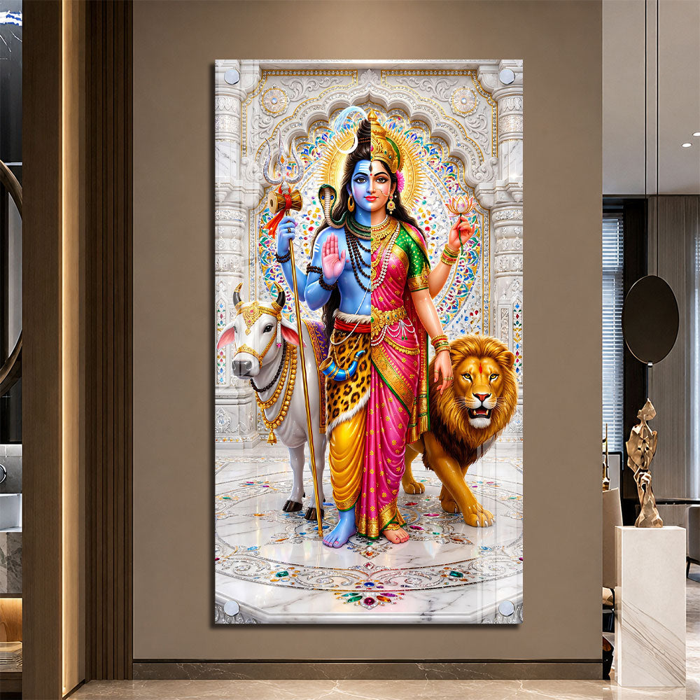 Divine Shiv Shakti with Nandi and Lion Premium Acrylic Wall Art for Home Temple